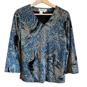 Coldwater Creek Blouse VNeck Textured Blue Black Tan Women's Medium